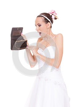 Woman bride with empty wallet. Wedding expenses.