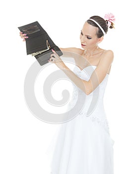 Woman bride with empty wallet. Wedding expenses.