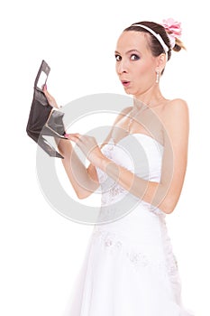 Woman bride with empty wallet. Wedding expenses.