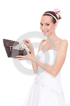 Woman bride with one dollar. Wedding expenses.