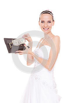 Woman bride with one dollar. Wedding expenses.