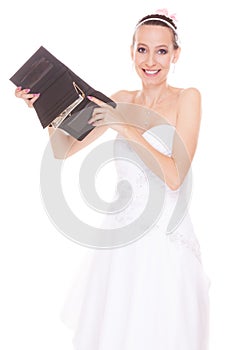 Woman bride with one dollar. Wedding expenses.