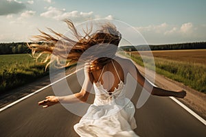 woman bride in wedding dress run away in road from wedding generative ai