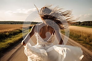 woman bride in wedding dress run away in road from wedding generative ai