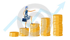 Woman with Briefcase Ascending by Coins, Growth.