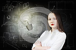 Woman and bright bulb over icons background.