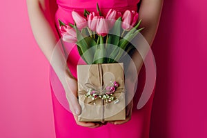 Woman in bright fuchsia dress holding wrapped gift box and pink tulips. Cropped image on bright background.