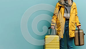 A woman in a bright yellow coat is carrying two matching suitcases