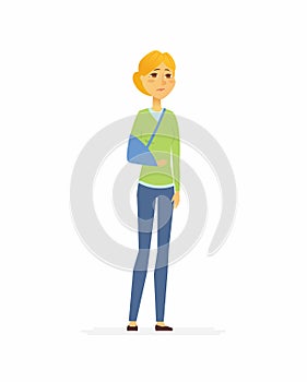 Woman with a broken arm - cartoon people characters isolated illustration