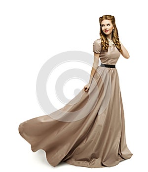 Woman Brown Dress, Fashion Model in Long Gown Turning White