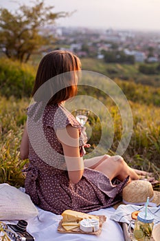 A woman in brown dress sits on a picnic in a park with panoramic view