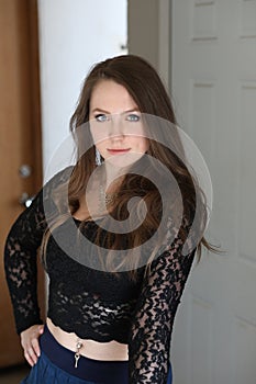 Woman with Brown Hair and Beautiful Blue Eyes photo