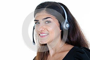 Woman brown hair technical support operator in call center with headset isolated on white background