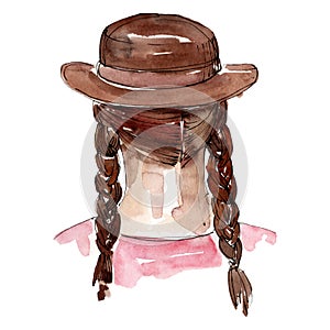 Woman in brown hat sketch glamour illustration in a watercolor style isolated element. Watercolour background set.
