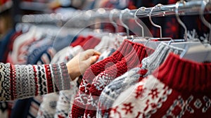 A woman is browsing through a rack of sweaters, specifically selecting a red Christmas sweater