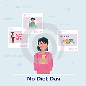 A woman browsing social media messages. Body acceptance, rejection of diets. No Diet Day