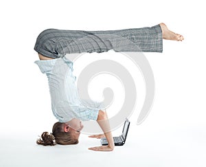 Woman browsing in unusual pose