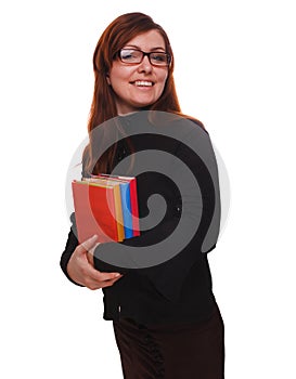 Woman brunette glasses student girl teacher reading book isolate