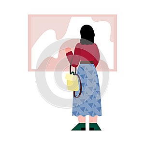 Woman brunette stands looking at picture, flat vector illustration isolated.