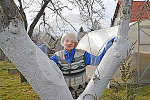 A woman with a brush in her hand against the background of a greenhouse. Spring garden work