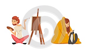 Woman with Brush and Palette Painting on Drawing Easel and Covered with Blanket Stroking Cat Staying Home Vector Set