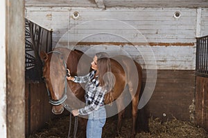 Woman brushes her horse in stables