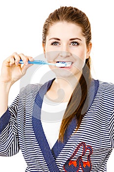 Woman brushing cleaning teeth