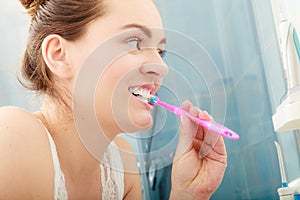 Woman brushing cleaning teeth. Oral hygiene.