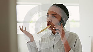 Woman brushing teeth, talking and on the phone in the morning, getting ready for work. Black woman and business woman