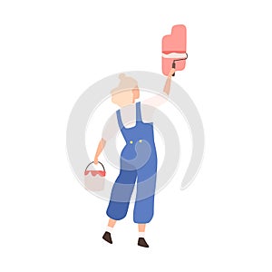 Woman with bucket of paint and roll depict colorful image on wall vector flat illustration. Female professional painter