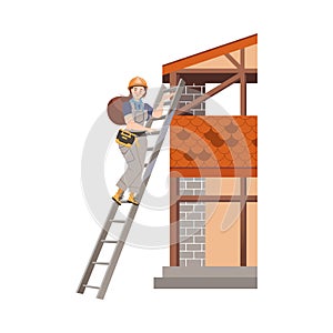 Woman Builder Character Climbing Up the Ladder to House Roof Top Vector Illustration