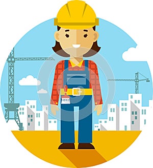 Woman builder on construction background in flat style