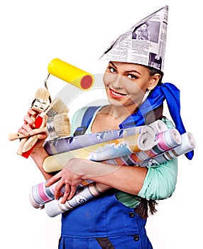 Woman builder with construction tools.