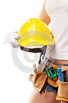 Woman builder with set of construction tools, isolated