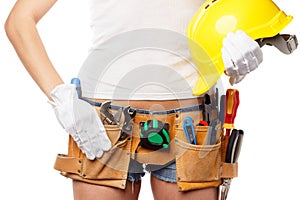 Woman builder with set of construction tools, isolated