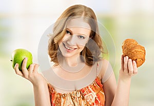 Woman choose between healthy and unhealthy food