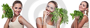 Woman with bundle herbs (salad). Concept vegetarian dieting - he