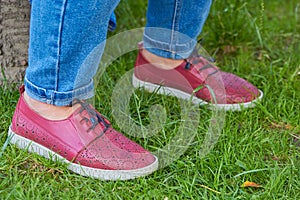 Woman in burgundy shoes on the grass,fashionable light shoes with holes in a girl in jeans