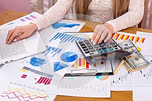 Woman business analyst calculating reports