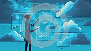 Woman working in cloud computing environment, data management and access.