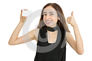 Woman with business card giving thumbs up
