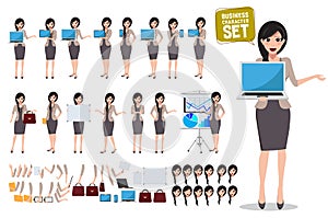 Woman business character vector set. Female office person holding laptop