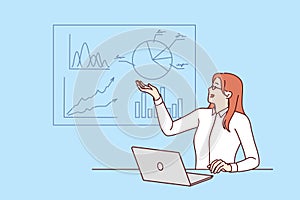 Woman business consultant demonstrates financial graphs proving profitability of investments