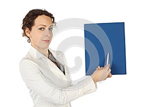 Woman in business dress, pointing on blue folder