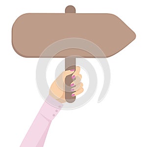 Woman Business Hand Holding Picket Banner Directional Sign in Pink Shirt Flat Vector Illustration Isolated on White