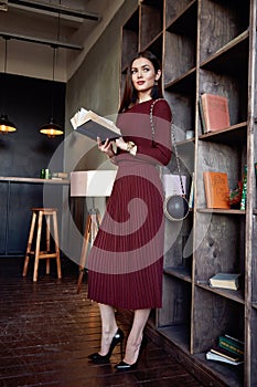 Woman business lady wear red wool dress suit fashion style