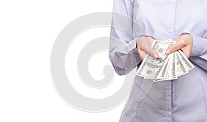 Woman business in a shirt in the hands of money dollars