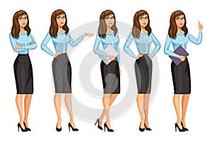 Woman in business style with glasses. Girl in different poses