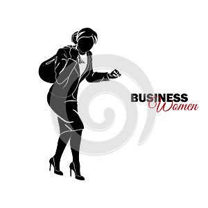 Woman in business suit. Businesswoman steals with a bag on her back