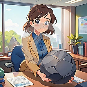 Woman in business suit carrying large boulder, heavy responsibility in office, cute simple anime style illustration